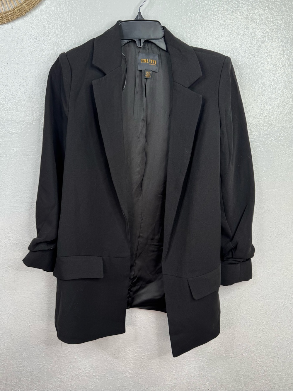 Truth by Republic Blazer Jacket Womens M Black Open Front Ruched 3/4 Sleeves